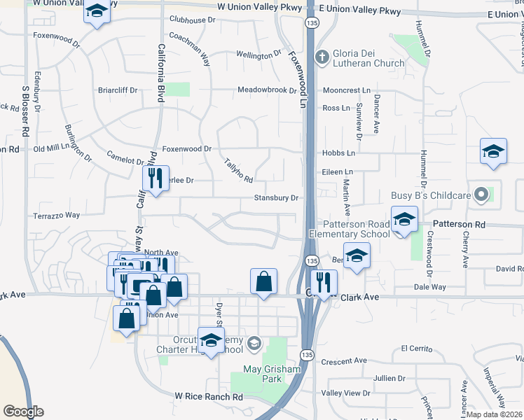 map of restaurants, bars, coffee shops, grocery stores, and more near 322 Cain Drive in Santa Maria