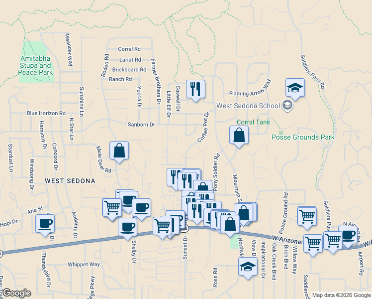 map of restaurants, bars, coffee shops, grocery stores, and more near 1960 Iris Lane in Sedona