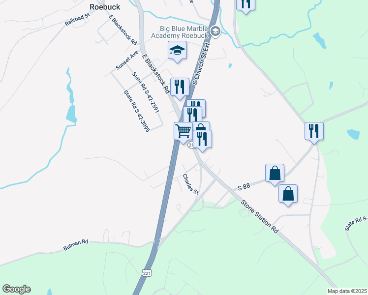 map of restaurants, bars, coffee shops, grocery stores, and more near 4825 U.S. 221 in Roebuck