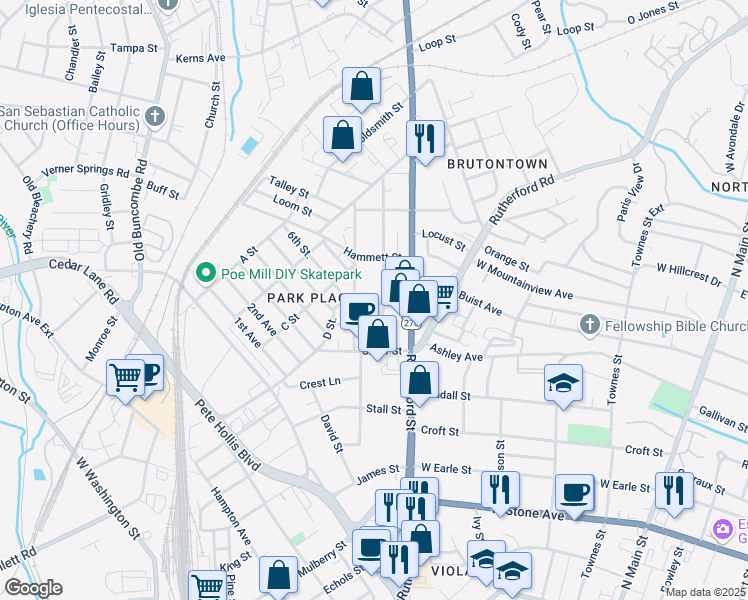 map of restaurants, bars, coffee shops, grocery stores, and more near 120 Orders Street in Greenville