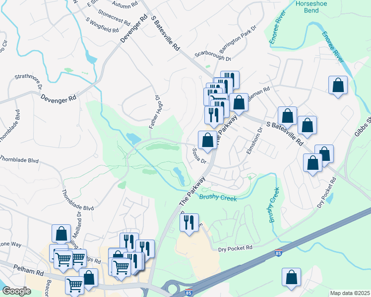map of restaurants, bars, coffee shops, grocery stores, and more near 10 Thornblade Boulevard in Greer