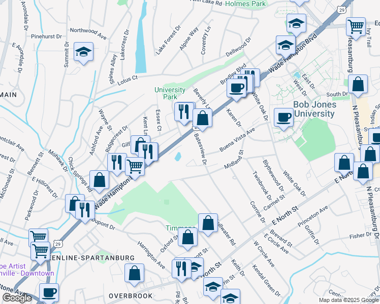 map of restaurants, bars, coffee shops, grocery stores, and more near 223 Batesview Drive in Greenville