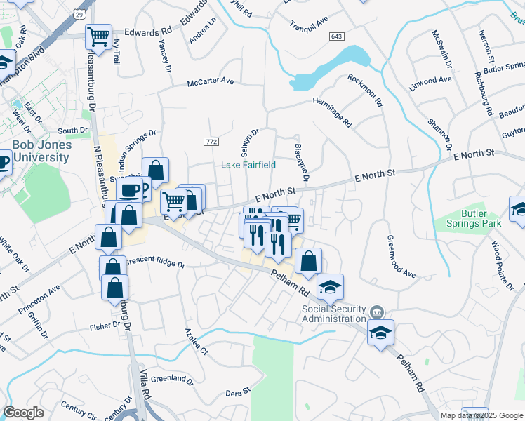 map of restaurants, bars, coffee shops, grocery stores, and more near 15435 East North Street in Greenville