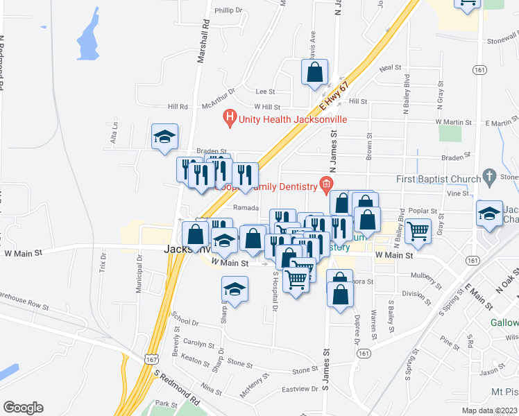 map of restaurants, bars, coffee shops, grocery stores, and more near 230 Crestview Drive in Jacksonville