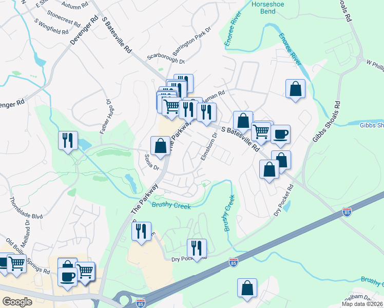 map of restaurants, bars, coffee shops, grocery stores, and more near 417 Welsh Poppy Way in Greer