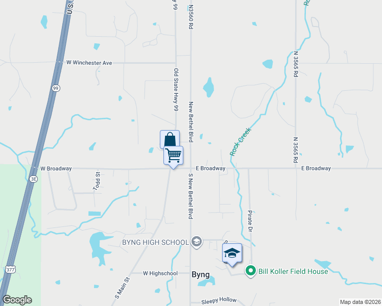 map of restaurants, bars, coffee shops, grocery stores, and more near 500 North New Bethel Boulevard in Byng