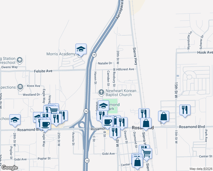 map of restaurants, bars, coffee shops, grocery stores, and more near 3355 Camden Street in Rosamond
