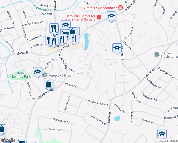 map of restaurants, bars, coffee shops, grocery stores, and more near 150 Howell Circle in Greenville