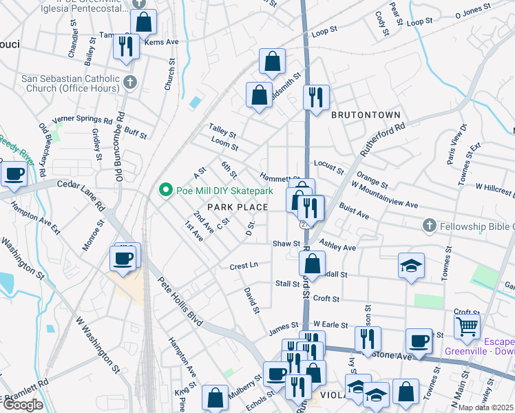 map of restaurants, bars, coffee shops, grocery stores, and more near 126 6th Street in Greenville