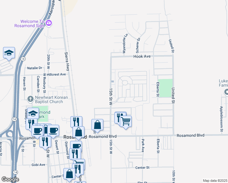 map of restaurants, bars, coffee shops, grocery stores, and more near 3400 15th Street West in Rosamond
