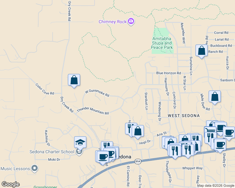 map of restaurants, bars, coffee shops, grocery stores, and more near 140 Saddle Horse Lane in Sedona