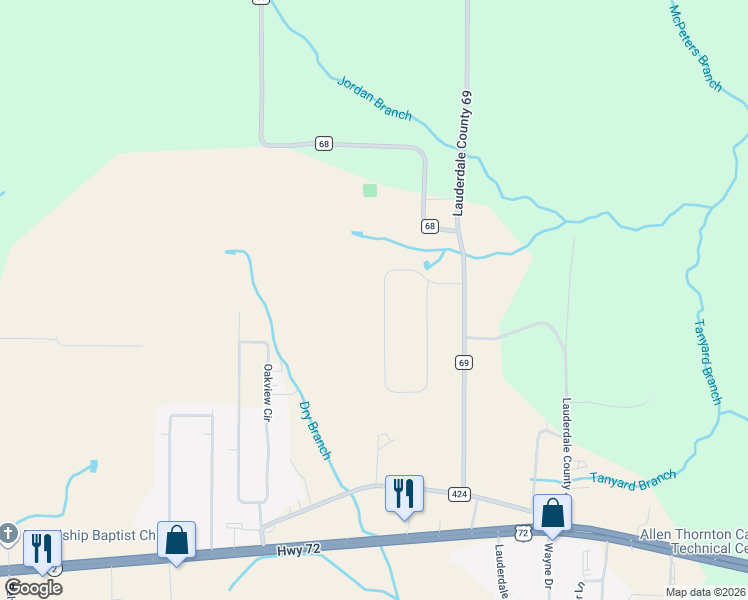 map of restaurants, bars, coffee shops, grocery stores, and more near 230 Cloverleaf Circle in Killen