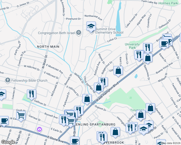 map of restaurants, bars, coffee shops, grocery stores, and more near 18 Ashford Avenue in Greenville