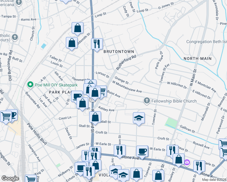 map of restaurants, bars, coffee shops, grocery stores, and more near 211C Buist Avenue in Greenville