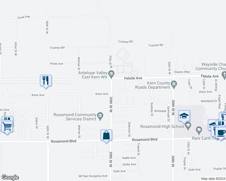 map of restaurants, bars, coffee shops, grocery stores, and more near 3416 35th Street West in Rosamond