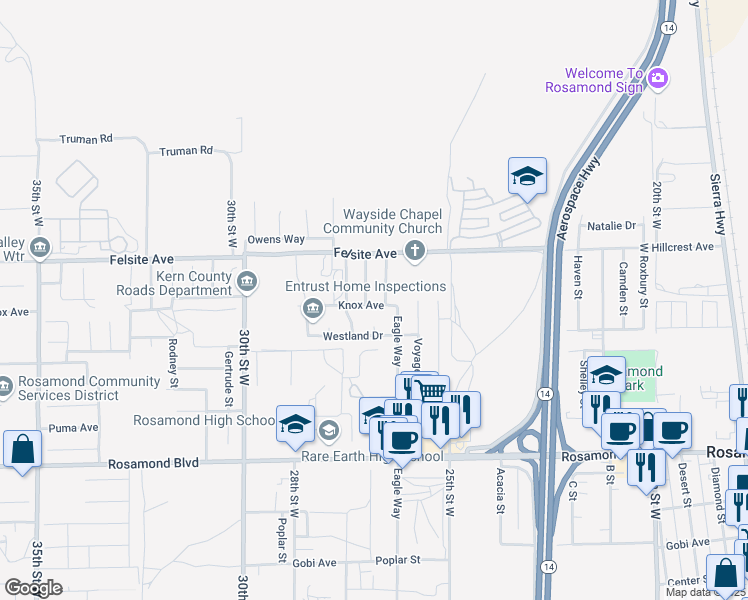 map of restaurants, bars, coffee shops, grocery stores, and more near 3400 Topgun Street in Rosamond