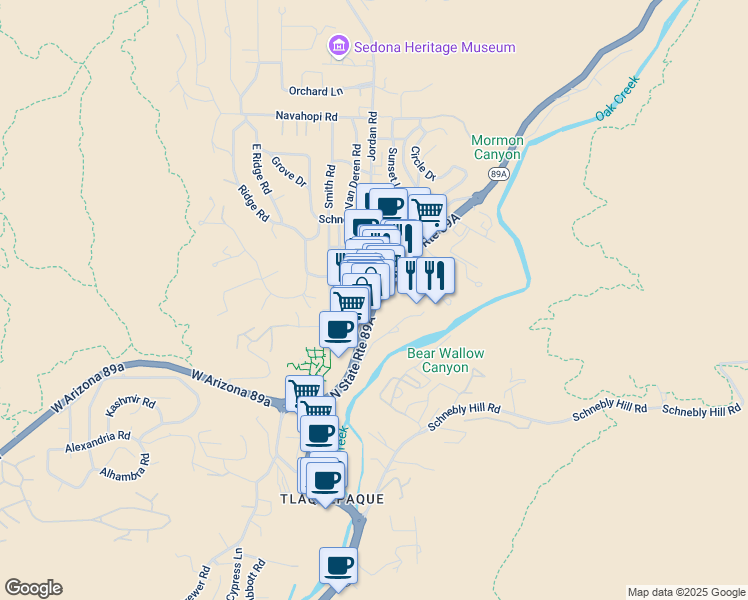 map of restaurants, bars, coffee shops, grocery stores, and more near 226 Jordan Road in Sedona