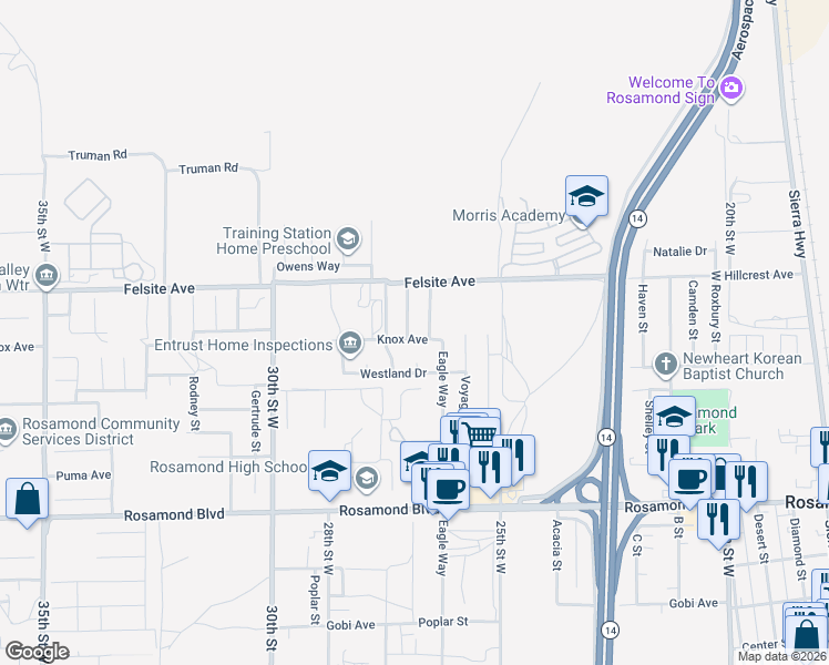 map of restaurants, bars, coffee shops, grocery stores, and more near 3400 Topgun Street in Rosamond