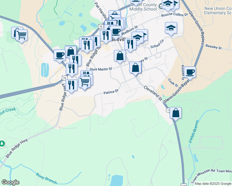 map of restaurants, bars, coffee shops, grocery stores, and more near 8 James Drive in Blairsville