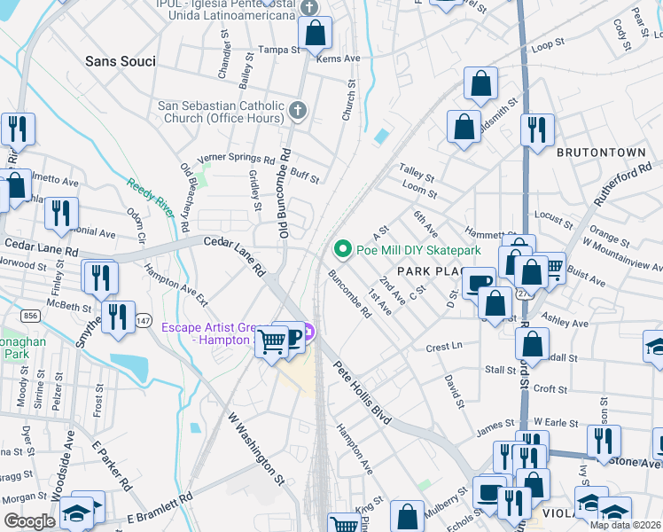 map of restaurants, bars, coffee shops, grocery stores, and more near 1809 Old Buncombe Road in Greenville