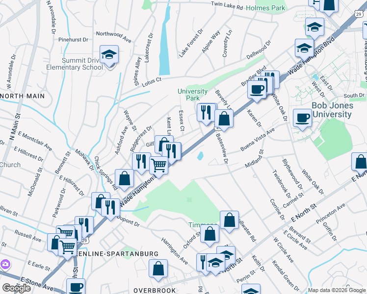 map of restaurants, bars, coffee shops, grocery stores, and more near 1 Essex Court in Greenville