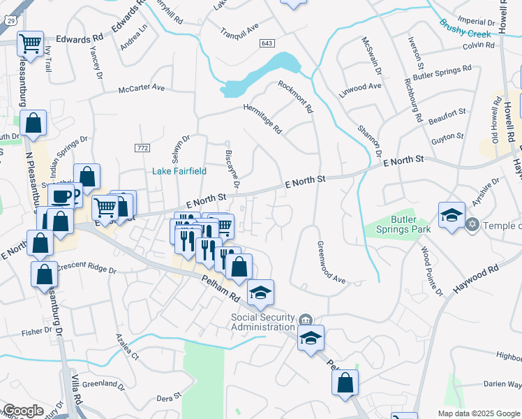map of restaurants, bars, coffee shops, grocery stores, and more near 2900 East North Street in Greenville