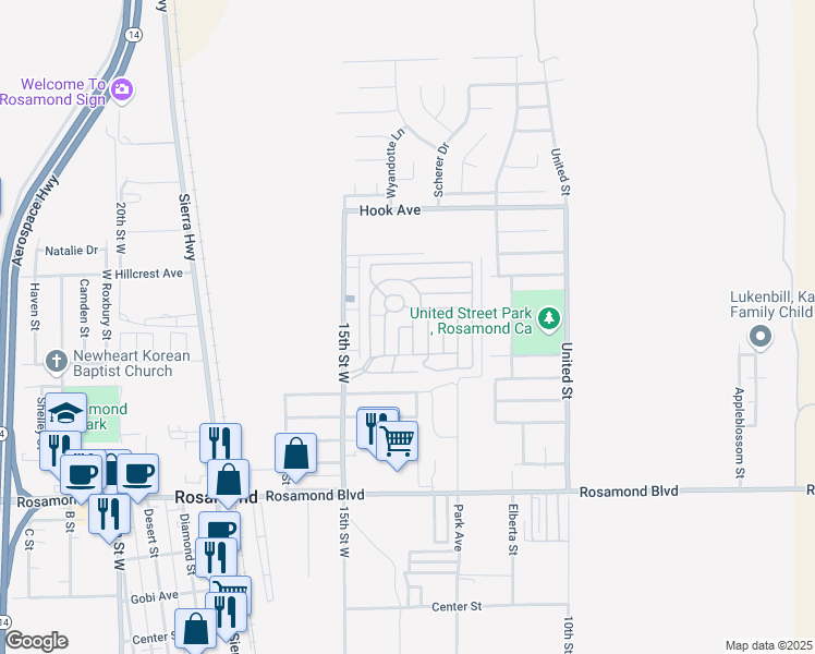 map of restaurants, bars, coffee shops, grocery stores, and more near in Rosamond