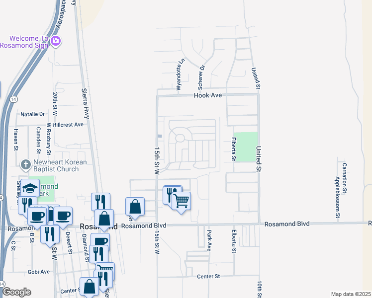 map of restaurants, bars, coffee shops, grocery stores, and more near in Rosamond