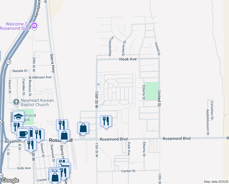 map of restaurants, bars, coffee shops, grocery stores, and more near 3300 15th Street West in Rosamond