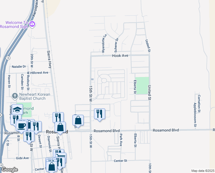 map of restaurants, bars, coffee shops, grocery stores, and more near in Rosamond