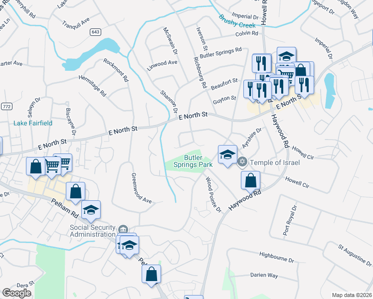 map of restaurants, bars, coffee shops, grocery stores, and more near 2 Dublin Court in Greenville