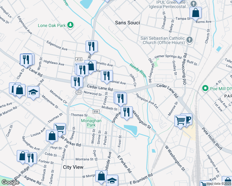 map of restaurants, bars, coffee shops, grocery stores, and more near 406B Cedar Lane Road in Greenville