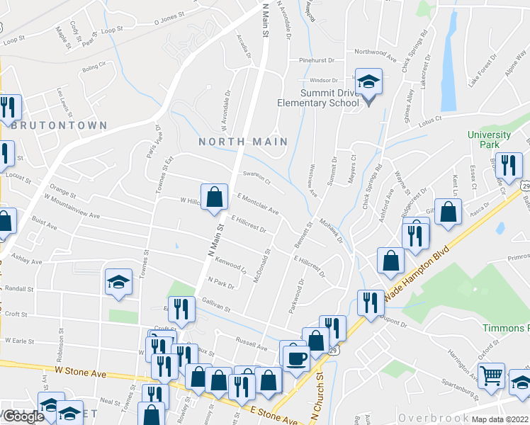 map of restaurants, bars, coffee shops, grocery stores, and more near 18 East Montclair Avenue in Greenville