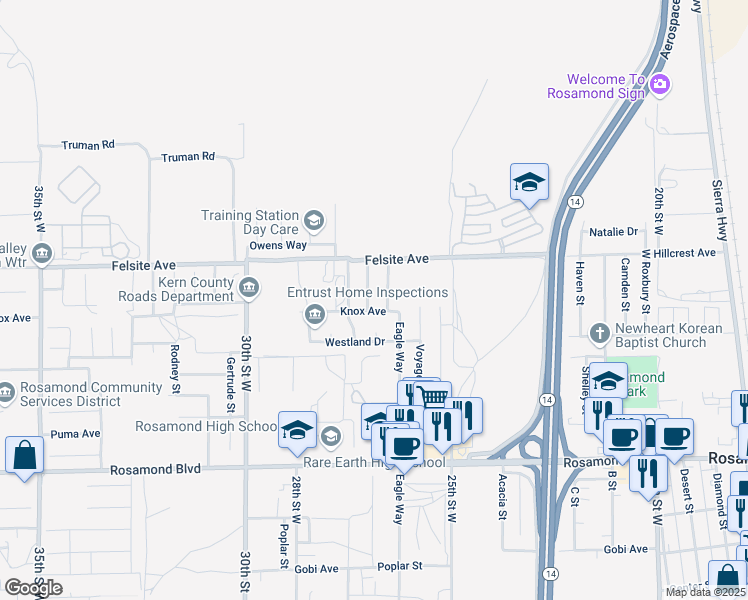 map of restaurants, bars, coffee shops, grocery stores, and more near 3408 Topgun Street in Rosamond