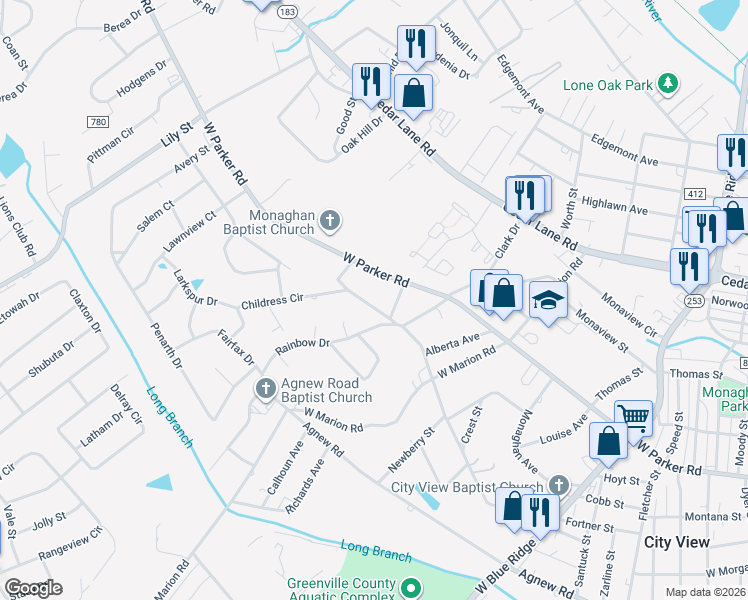 map of restaurants, bars, coffee shops, grocery stores, and more near 1407 West Parker Road in Greenville