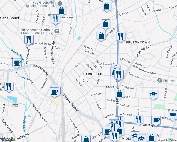 map of restaurants, bars, coffee shops, grocery stores, and more near 517 4th Avenue in Greenville
