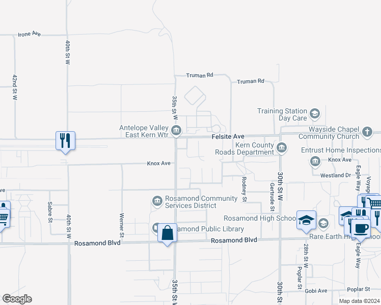 map of restaurants, bars, coffee shops, grocery stores, and more near 3432 Citrine Lane in Rosamond