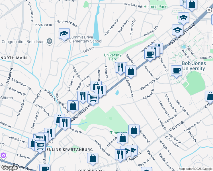 map of restaurants, bars, coffee shops, grocery stores, and more near 1 Essex Court in Greenville