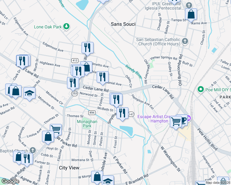 map of restaurants, bars, coffee shops, grocery stores, and more near 406B Cedar Lane Road in Greenville