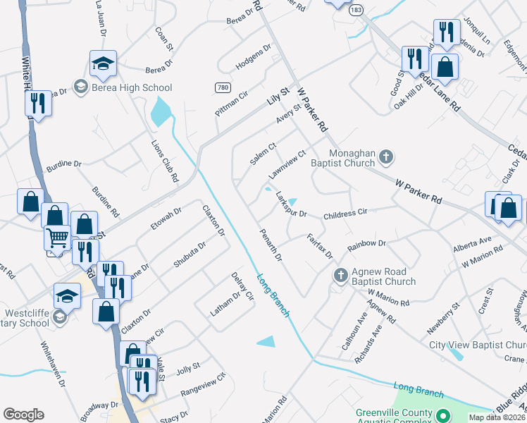 map of restaurants, bars, coffee shops, grocery stores, and more near 4 Lilac Street in Greenville