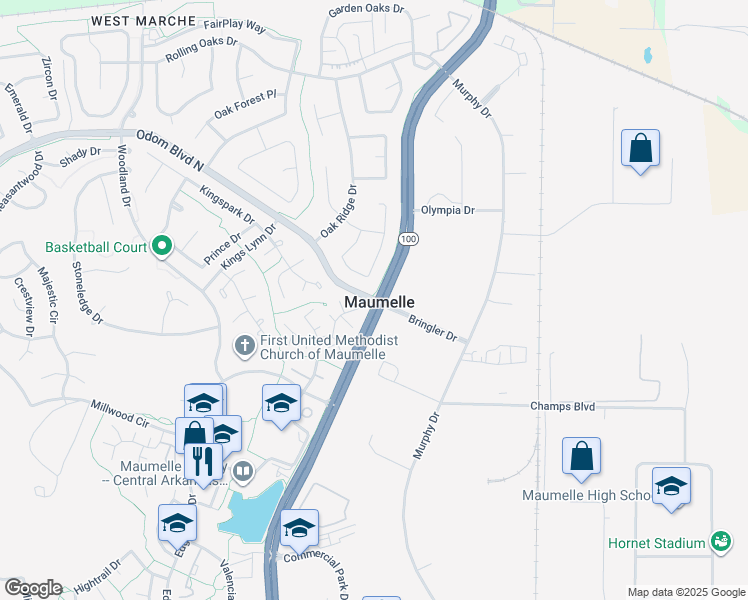 map of restaurants, bars, coffee shops, grocery stores, and more near 43 Pin Oak Loop in Maumelle