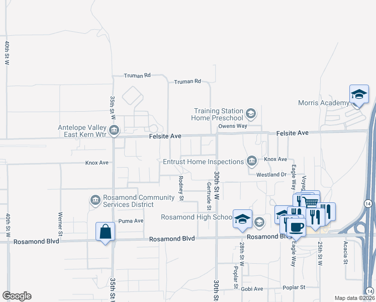 map of restaurants, bars, coffee shops, grocery stores, and more near 3407 Amber Street in Rosamond