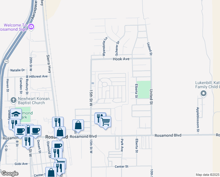 map of restaurants, bars, coffee shops, grocery stores, and more near 3300 15th Street West in Rosamond