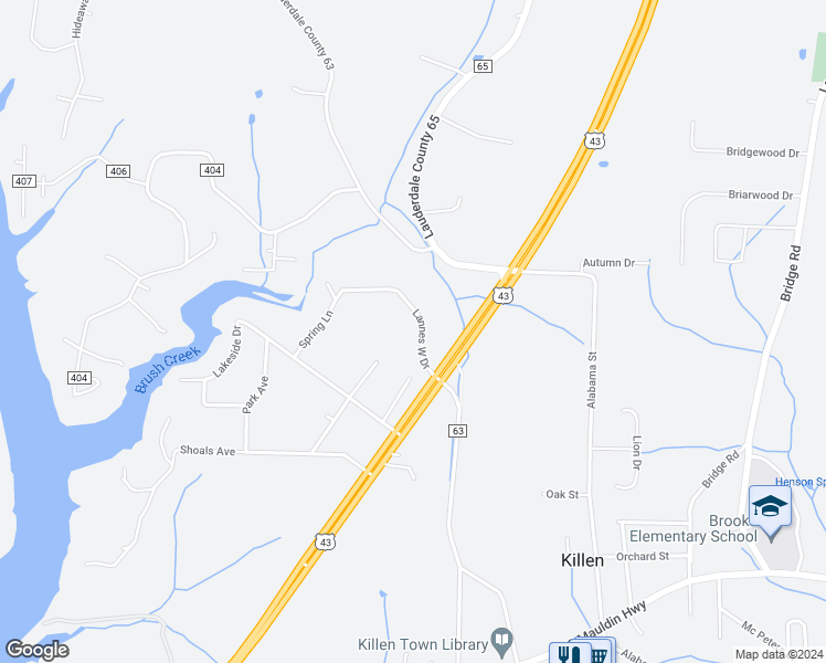 map of restaurants, bars, coffee shops, grocery stores, and more near 121 Lannes West Drive in Killen