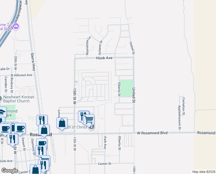 map of restaurants, bars, coffee shops, grocery stores, and more near 3300 15th Street West in Rosamond