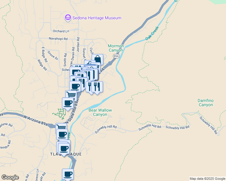 map of restaurants, bars, coffee shops, grocery stores, and more near 100 Arroyo Roble Road in Sedona