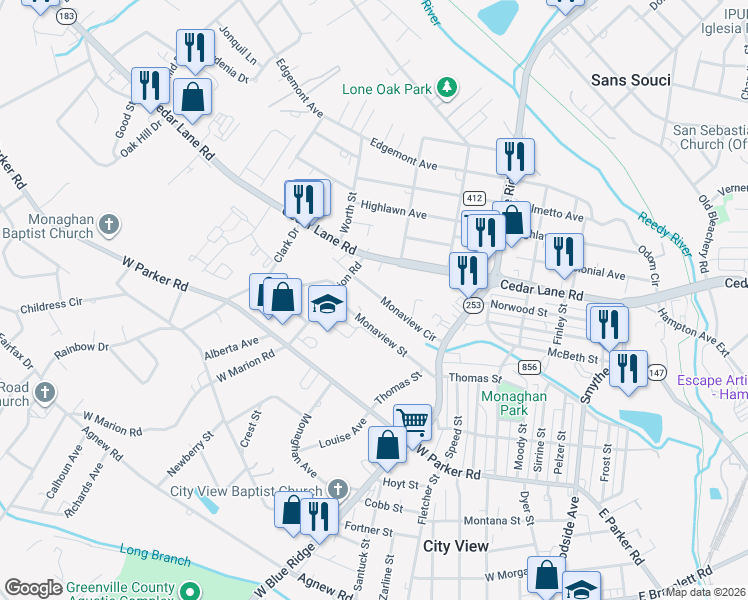 map of restaurants, bars, coffee shops, grocery stores, and more near 127 Monaview Circle in Greenville