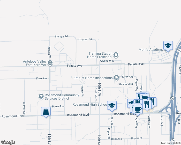 map of restaurants, bars, coffee shops, grocery stores, and more near 3419 Dakota Street in Rosamond