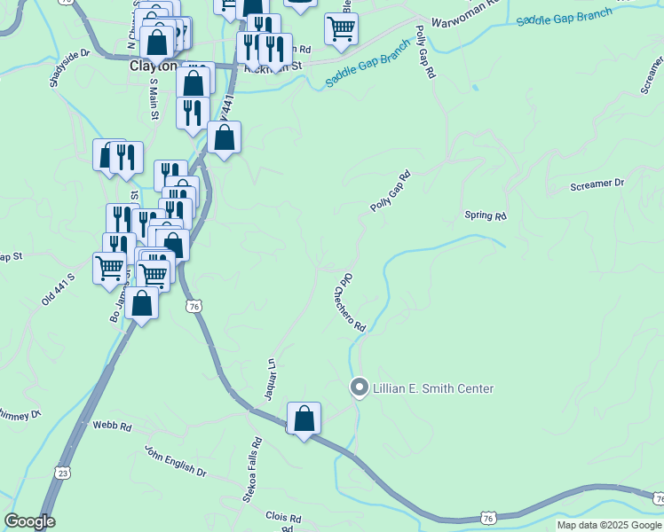 map of restaurants, bars, coffee shops, grocery stores, and more near 527 Old Chechero Road in Clayton