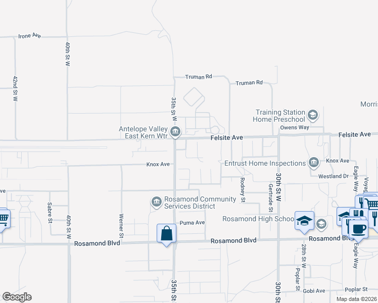 map of restaurants, bars, coffee shops, grocery stores, and more near 3440 Citrine Lane in Rosamond